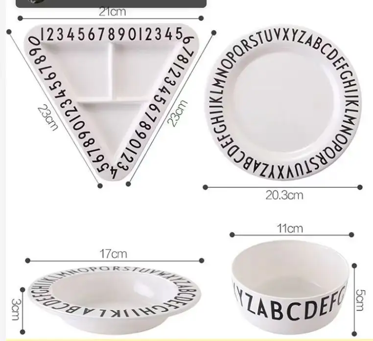 Conjunto de jantar infantil de moda por atacado premium inovador com estampa personalizada de placas de melamina com desenho de letras do alfabeto