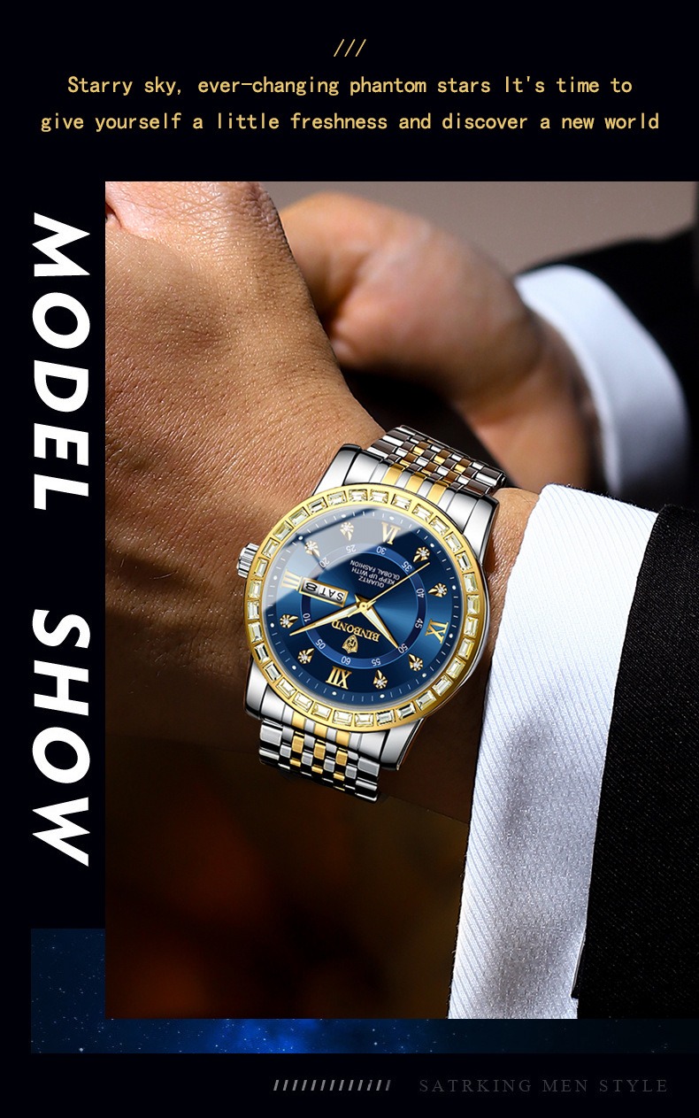 Binbong Luxury Men's Watches Fashion Business Diamond Mechanical Reloj  Double Calendar Waterproof Luminous Quartz Men Watch