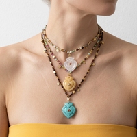 Collier avec pendentif cœur anatomique en pierre précieuse naturelle sculptée à la main, quartz rose, aventurine, turquoise, bijoux spirituels