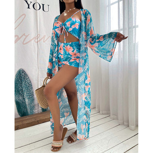 3 Pc Printing Swimwear Cover up <strong>With</strong> Sexy <strong>Bikini</strong> 2021 Swimsuit <strong>Shorts</strong> Set <strong>Women</strong> Bathing Suits - Product Image 2