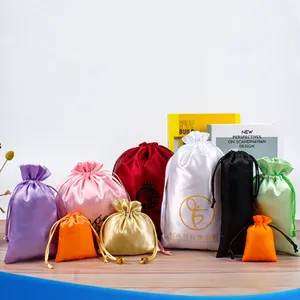 Custom Logo Satin Dust Pouch Gift Packaging Hair Wig Silk Bag Satin Drawstring Bag