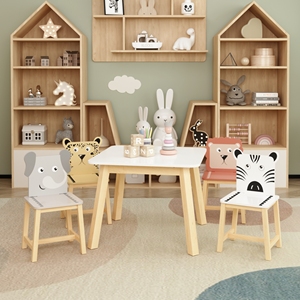 Ensemble de table et chaises en bois pour enfants, 5 pièces, avec design d'animaux de dessin animé, caractéristiques de sécurité, style moderne, pour l'école et l'hôtel (3-8 ans) - Product Image 5