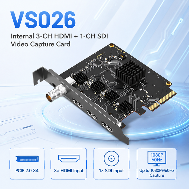 PCIe X4 3HDMI+1SDI Capture Card 1080P60 for SDI with 3.5mm Line-in Audio YUY2 Multi Mode Internal Laptop Camera MP4 Support