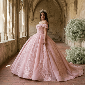 Vestido de Quinceañera Lsany233, Vestido de Fiesta de Cumpleaños para Niñas, Cuello en V, Encaje, Flores, Princesa, Rosa, Talla Grande - Product Image 1