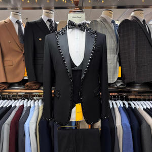 Luxury 3 Piece Rhinestone Beaded Slim Fit Wedding <strong>Suits</strong> For Groom <strong>Men</strong> Tuxedo Jacket Vest Pants Set - Product Image 1