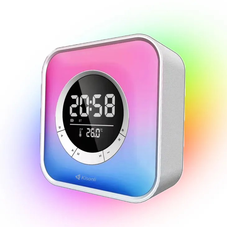 Cube Design Portable Type With Changeable RGB LED Light Speaker With Clock Alarm Function And Thermometer Cool Speaker