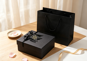 Thick <b>Black</b> Cardboard Eco-Friendly High-End Gift <b>Box</b> with Lid/Base Structure Satin Bow Gold Foil Tag Four-Color Printing - Product Image 4