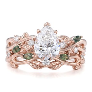 Pear Shaped Moissanite Engagement <strong>Ring</strong> Tufted <strong>Mosses</strong> <strong>Agate</strong> Bridal Set 925 Sterling Silver Leaf Branches Stacked Wedding <strong>Ring</strong> - Product Image 2