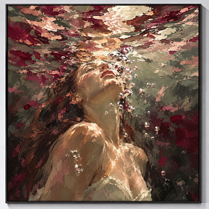 Ritratto di Donna Subacquea Dipinto a Olio con Spatola su Tela, <span class=keywords><strong>Arte</strong></span> Murale Surreale Figurativa Bordeaux per Arredamento di Boutique Hotel e Spa - Product Image 5