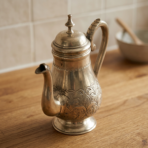 Pot à eau vintage en métal avec couvercle et poignée, design décoratif en relief - Product Image 6