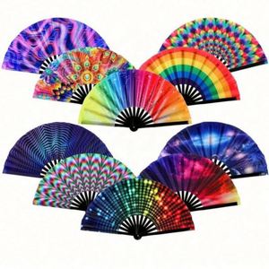 Éventails pliants portables en bambou noir durable de 33 cm, grands éventails de rave avec logo personnalisé imprimé pour les fêtes et la danse - Product Image 1