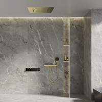 Système de douche mural contemporain en laiton poli, mitigeur monocommande, finition céramique noir mat, pommeau de douche pluie encastré, massage, pour hôtel