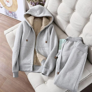 <span class=keywords><strong>Traje</strong></span> Deportivo Casual de Moda para <span class=keywords><strong>Mujer</strong></span>, <span class=keywords><strong>Chaqueta</strong></span> con Capucha de Manga Larga Forrada de Felpa Gruesa para Invierno, Pantalones Deportivos Holgados de Color Sólido Simple - Product Image 1