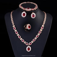 Parure de bijoux de mariée de luxe 4 pièces en or jaune nigérian avec zircon cubique rouge, idéale pour les mariages indiens et les accessoires de fête pour femmes