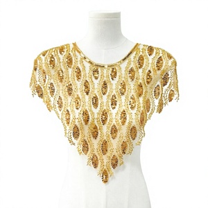 Eco-Friendly Gold Sequin Beaded Flower Neck <b>Patch</b> Mesh Collar Applique <b>Sew</b>-<b>On</b> Front Decoration for Abaya Robe Kaftan Dress - Product Image 4