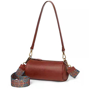 Mini bolso cilíndrico de hombro, capa superior de cuero de vaca, correa ancha, cierre de cremallera, estilo vintage, uso diario, verano 2024 - Product Image 5