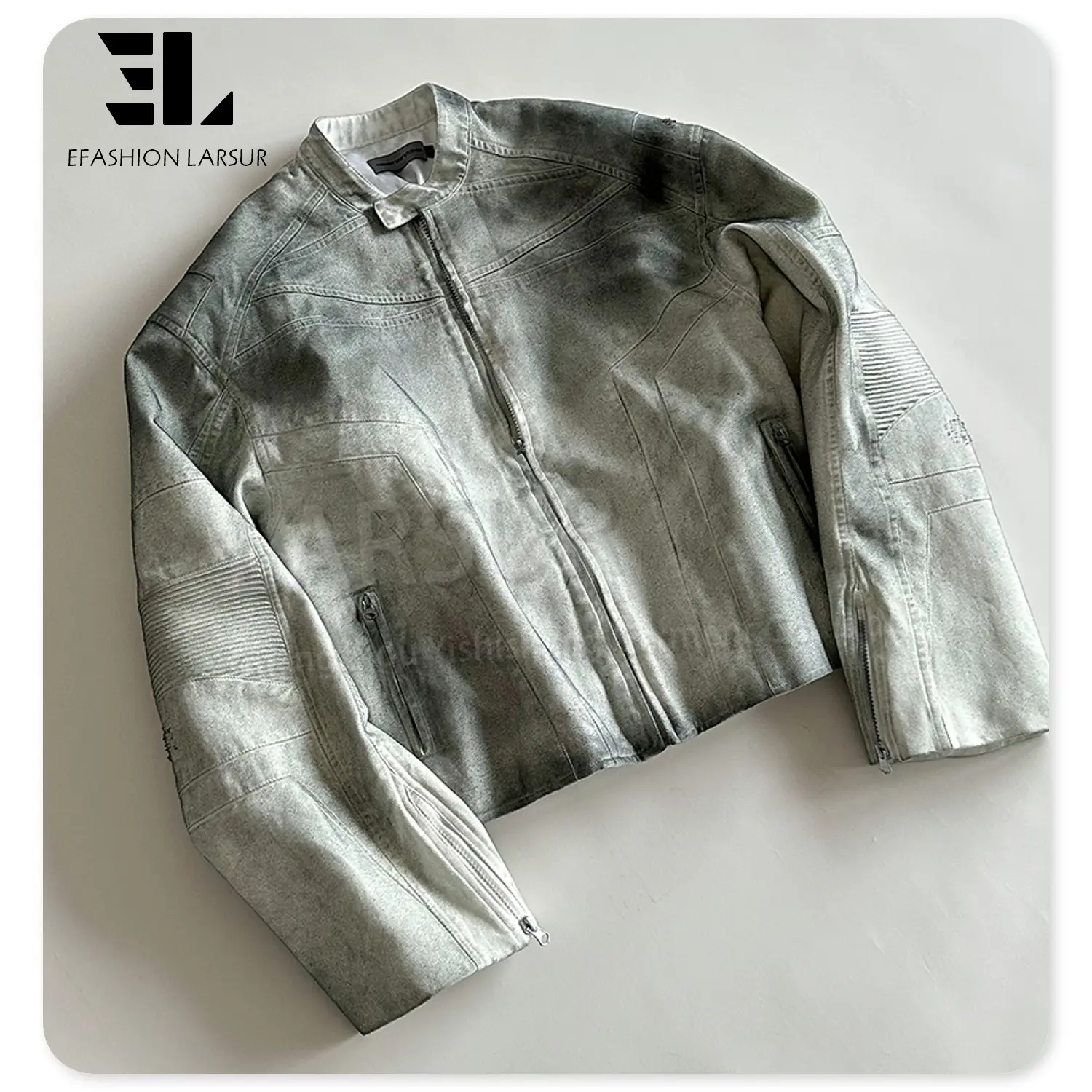LARSUR Custom clothing manufacturer distress dirty mud oil wash wax denim bomber racing biker motorcycle denim jean jacket men