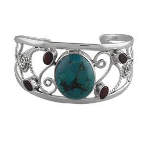 Bracelet manchette en argent sterling 925 avec turquoise et accents de grenat, motif volute orné, bijou statement pour femme - Product Image 1