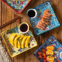 Assiette créative en céramique style bohème avec coupelle à sauce séparée, vaisselle japonaise en porcelaine pour fruits et collations, idéale pour les fêtes en famille