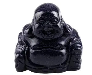 Blue Sand Stone Hand Carved Happy Buddha Statue Pocket Specimen Sphere Figurine Decor