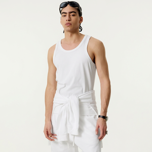 Camiseta sin Mangas para Hombre, Cuello Redondo, Tejida, Color Blanco, Estilo Casual, Material de Algodón Teñido Liso - Product Image 1