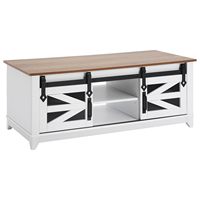 Table basse rectangulaire style ferme avec 2 portes coulissantes, 2 niveaux, rangement durable, étagères amovibles - Blanc naturel pour salon