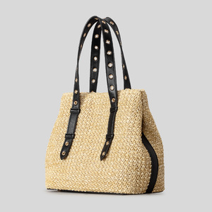 <span class=keywords><strong>Borsa</strong></span> Tote da Donna in Paglia Intrecciata Fatta a Mano, Stile Retrò Francese con Rivetti e Dettagli in Pelle, Grande Capacità, Ideale per Vacanze Estive al Mare, Minimalista - Product Image 2