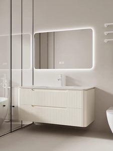 Meuble de salle de bain personnalisé en pierre de Keramin importée, style crème, avec vasque intégrée thermoformée, fixation murale, miroir inclus, écologique - Product Image 4