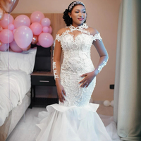 Robe de mariée sirène/trompette Mumuleo classique en satin à col montant, appliques de perles, longueur ras du sol, manches longues, dos lacé, grandes tailles