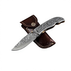 Navaja de bolsillo plegable grabada a mano con hoja de acero inoxidable, mango con punta de cuchillo y funda de cuero, cuchillo de uso diario. - Product Image 1