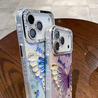 Coque de téléphone papillon pour filles avec lentille IMD effet diamant et lumière bleue pour iPhone 17Air 16plus 15promax 14 13 12 11, coque arrière fleurie, vente en gros