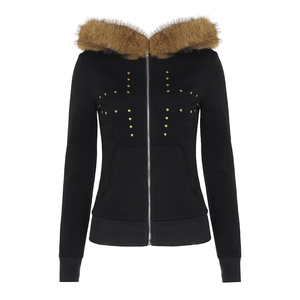 Veste à capuche en fausse fourrure avec patchwork croisé clouté, sweat-shirt tricoté zippé à manches longues pour femme, mode streetwear rétro Y2K - Product Image 6