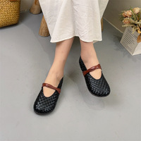 Nouvelles chaussures Mary Jane en cuir véritable tressé respirant, style rétro, faites à la main, pour femmes, à bout rond, à semelle souple, plates
