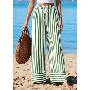 Womens Palazzo <b>Pants</b> Green White Striped Wide Leg High Waist Flowy Chiffon Lounge Trousers Casual <b>Summer</b> <b>Pants</b> - Product Image 2