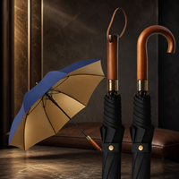 Parapluie long personnalisé avec logo, revêtement doré, manche en bois, ouverture automatique, résistant au vent, armature en fibre de verre, idéal pour cadeau promotionnel de marque