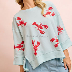 Sudadera de punto gofrado con lentejuelas de menta y bordado de langosta para el <span class=keywords><strong>4</strong></span> de julio, cuello redondo oversize, manga 3/<span class=keywords><strong>4</strong></span>, top casual para mujer - Product Image 1