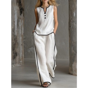 Nuovo <span class=keywords><strong>Completo</strong></span> Estivo 2026 in Cotone e <span class=keywords><strong>Lino</strong></span> con Dettagli a Contrasto, Top Senza Maniche con Scollo a V e Pantaloni a Gamba Larga, Outfit Elegante Stile Francese - Product Image 1