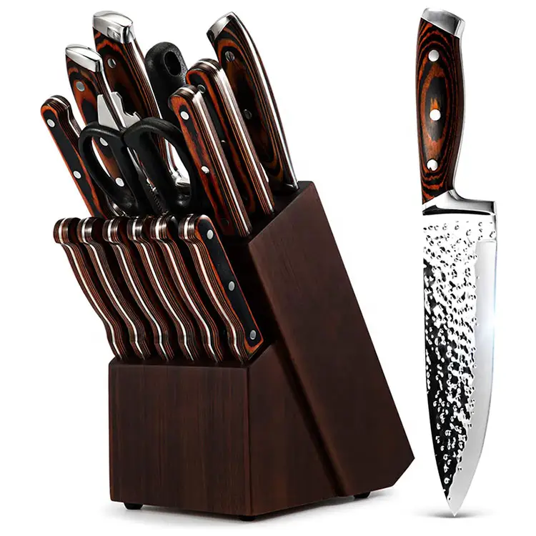 Customized 15 Piece Japan Damascus 3CR13 Stainless Steel Engraved Chef Acacia Knife Kitchen Knives Set with Wooden Block