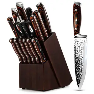 Personalizzato 15 pezzi giappone damasco 3 cr13 in acciaio inox inciso Chef Acacia coltello coltelli da cucina Set con blocco di legno