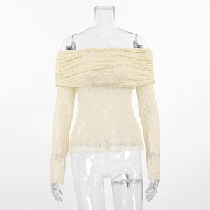 Nuova Maglietta Donna Primaverile in Stile Francese, Elegante e Sexy, con Spalle Scoperte, <span class=keywords><strong>Maniche</strong></span> <span class=keywords><strong>Lunghe</strong></span>, Aderente, in Maglia Jacquard e <span class=keywords><strong>Pizzo</strong></span> - Product Image 5