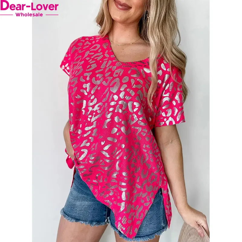 Dear-Lover ODM Custom Logo Private Label Gold Leopard Short Sleeves Top V Neck Polyester Blouse Women