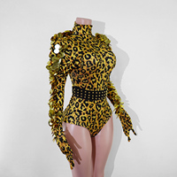 Combinaison à manches longues imprimé léopard avec sequins dorés et strass, ceinture cloutée, imprimé animal, costume de scène Gogo Drag