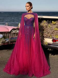 Fuchsia Kralen A-Line Avondjurk Cape Mouwen Tot Op De Grond Geïnspireerde Beroemdheden Ademend Voor Vrouwen - Product Image 2