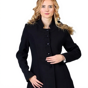 Manteau en laine et cuir pour femme, automne, printemps, hiver, slim, luxueux, chaud, coupe-vent, écologique, fabriqué en Turquie - Product Image 1