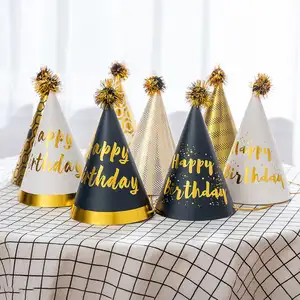 Atacado Barato Bonito Crianças Chapéu De Aniversário De Papel Com Pom Pom Chapéu Do Bolo Para Decoração De Aniversário Chapéu Do Partido