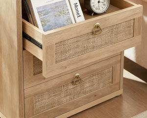 Table de chevet en bois style ferme avec tiroir en rotin, étagère ouverte et gestion des câbles, rangement frontal ouvert - Product Image 3