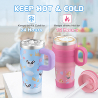 Vaso de acero inoxidable de 14oz para niños, taza de viaje con estampado 3D de flores de dibujos animados, mango Flexible de lujo, Bebidas frías y calientes para acampar