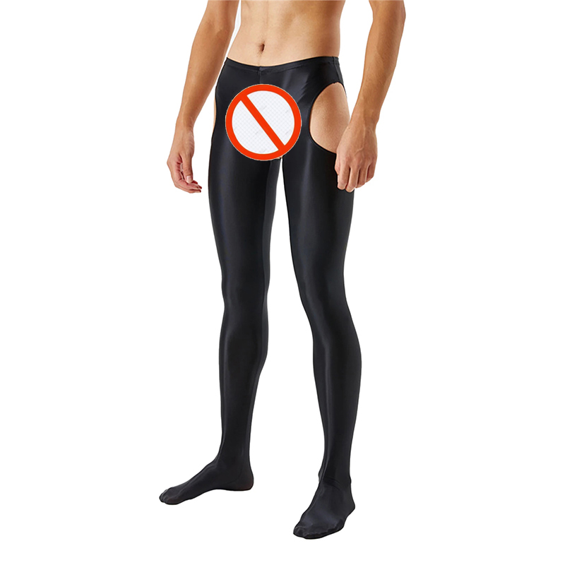 Black Unisex Glossy Crotchless Pantyhose Footed Leggings