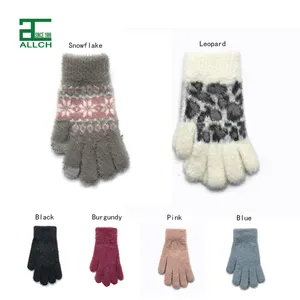 Allch Fashion Fluffy Volledige Vinger Hand Warmers Mitten Luipaard Sneeuwvlok Touch Screen Rijden Jacquard Winter Vrouwen Gebreide Handschoen