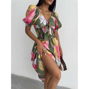 Vestido de Lino con Estampado de Hojas Verdes, Cuello Halter, Diseño Personalizado, Tallas Grandes XS-XL, Diseño ODM, Escote sin Tirantes, Sostenible - Product Image 1